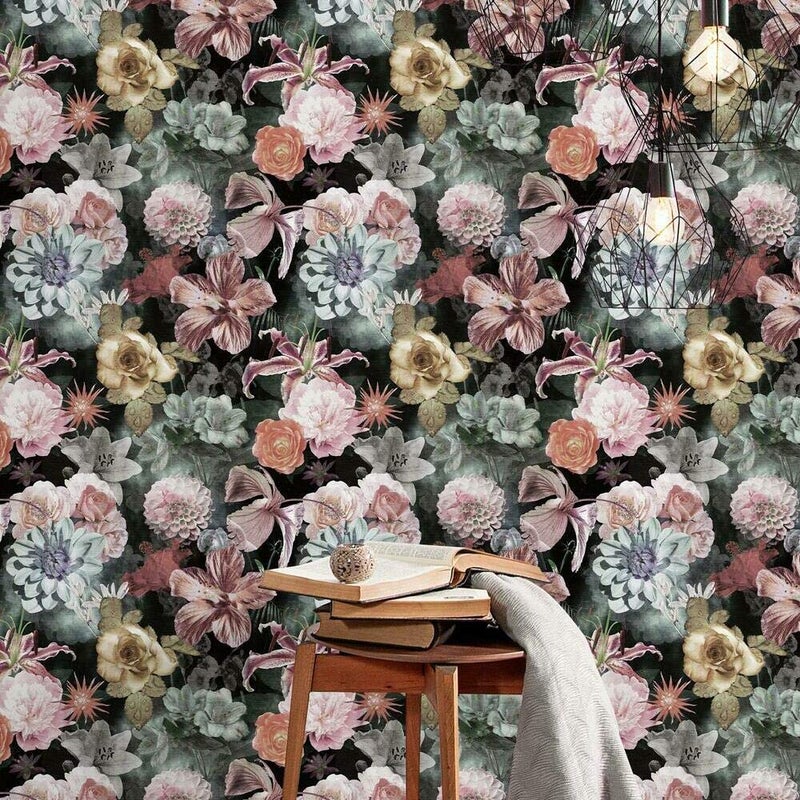 RoomMates RMK11719RL Pink and Green Vintage Floral Blooms Peel and Stick Wallpaper - Image 2